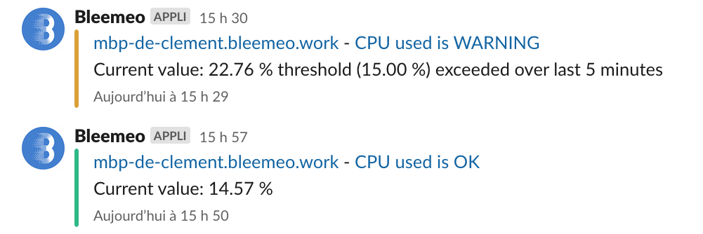 Example of Bleemeo notifications in Slack