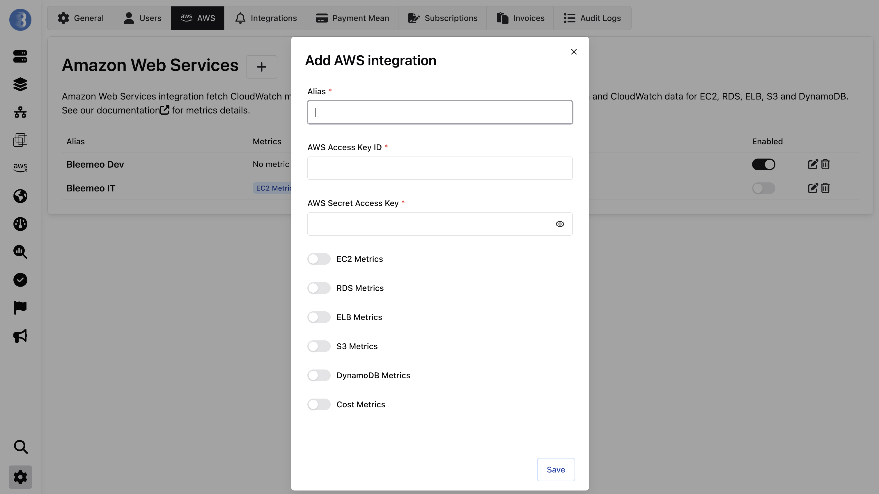 AWS Integration configuration in Bleemeo