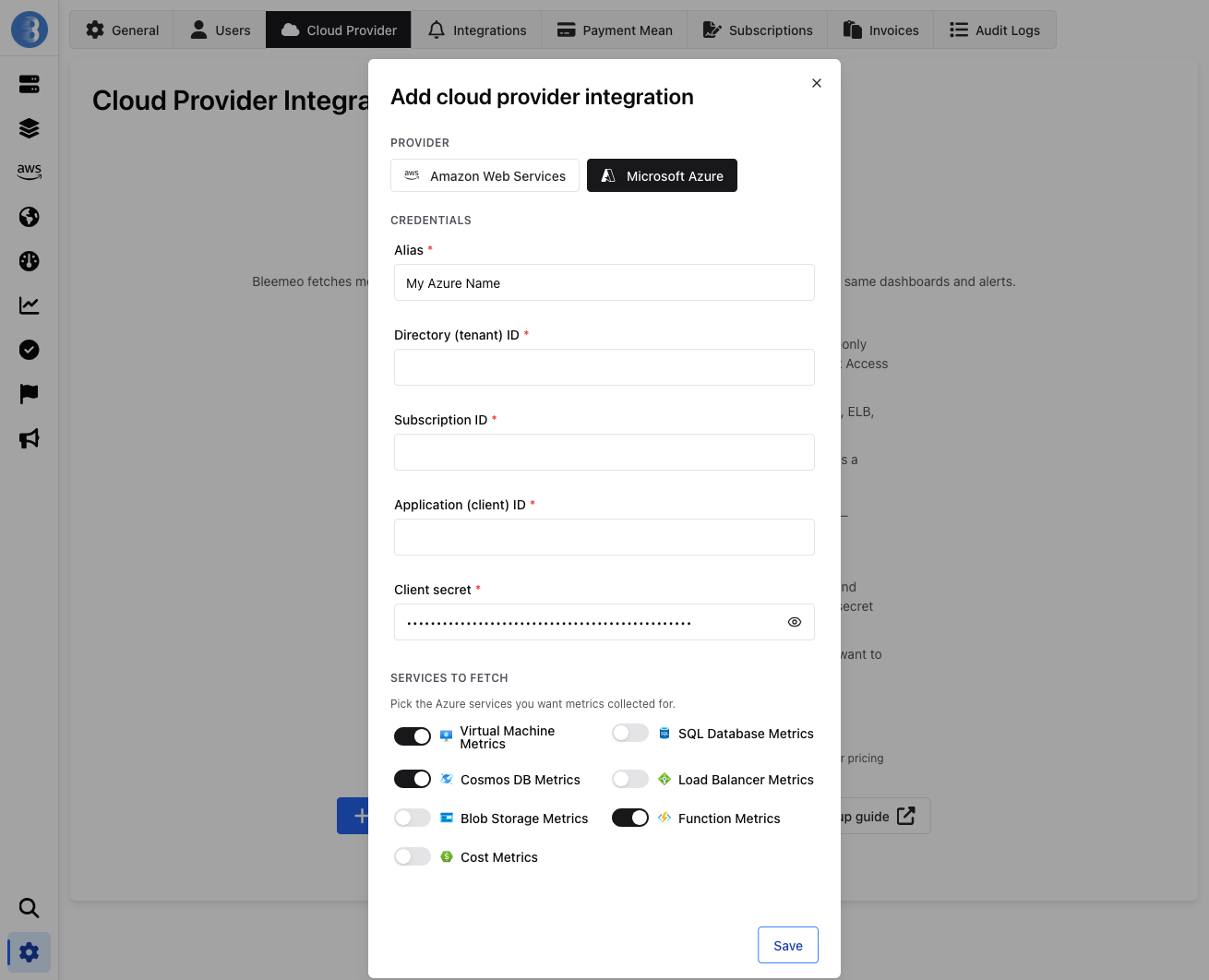 Azure Integration configuration in Bleemeo