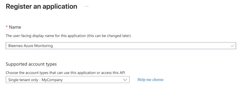 Azure Portal, registering the Bleemeo Azure Monitoring app registration