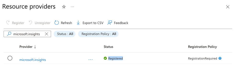 Azure Portal, Microsoft.Insights resource provider registered