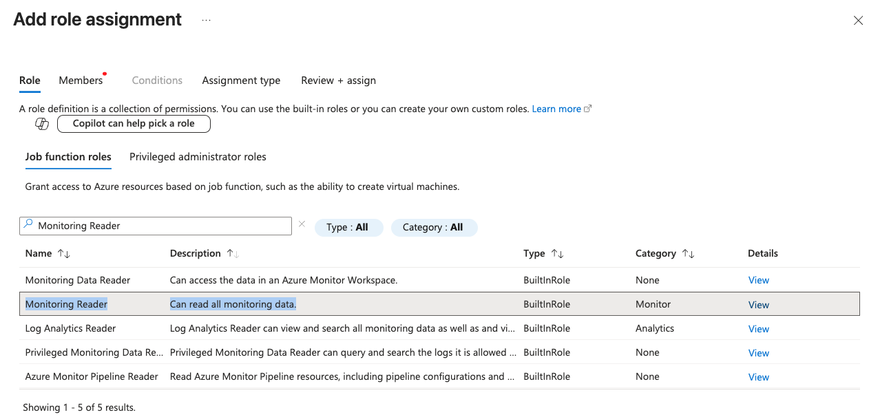 Azure Portal, selecting the Monitoring Reader role