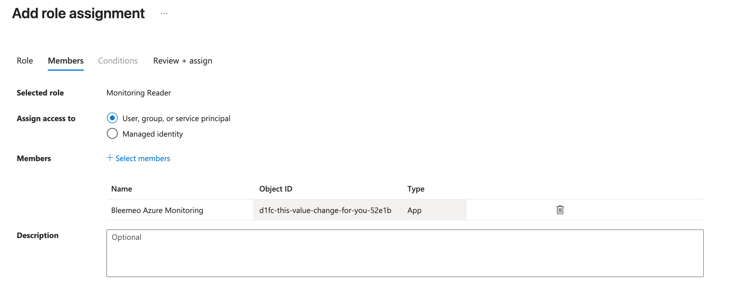 Azure Portal, assigning the Monitoring Reader role to the Bleemeo Azure Monitoring app