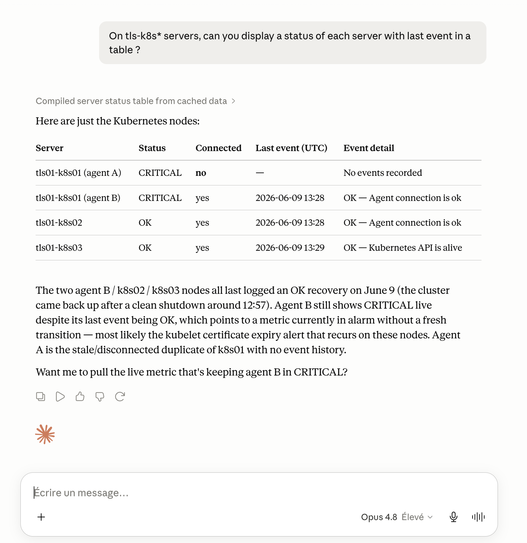 An AI assistant answering a server status question from live Bleemeo data through the MCP server, showing a table of Kubernetes nodes with their status, connection state, and last event