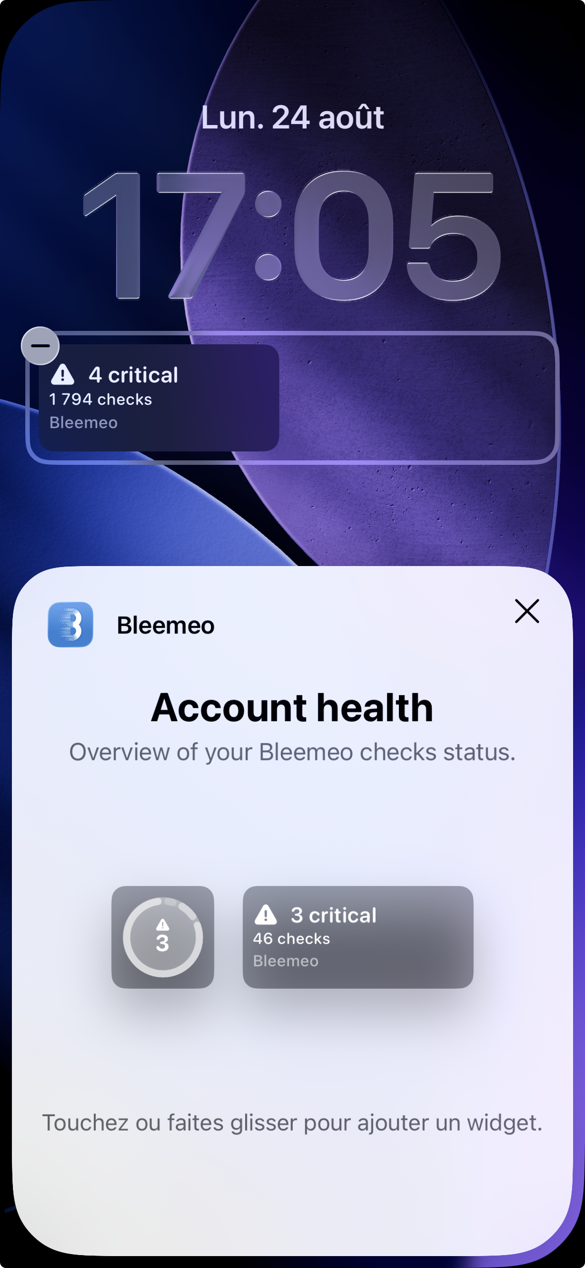 The iOS lock screen widget picker showing the Bleemeo account health widget in its circular and rectangular shapes, with the rectangular one already placed under the clock