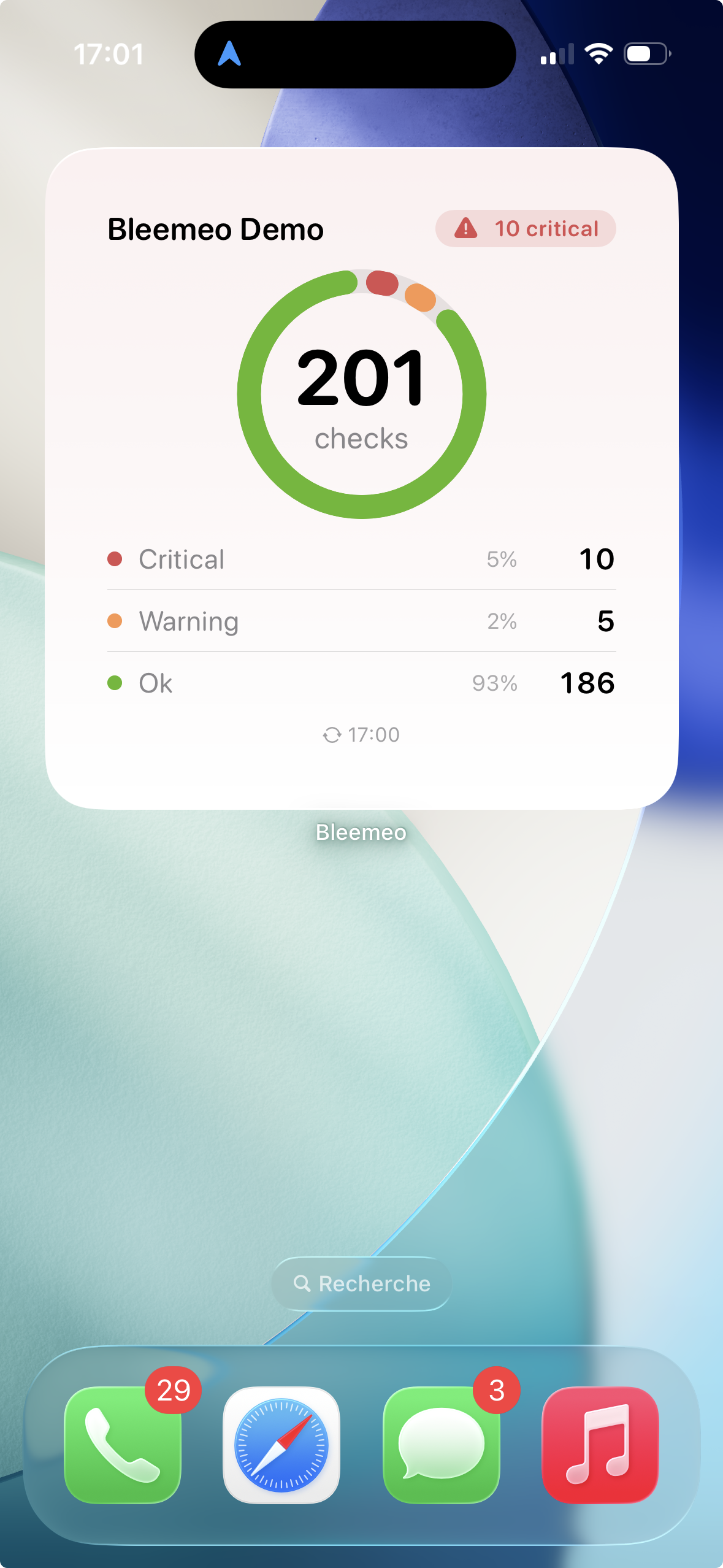 The Bleemeo account health widget on an iOS home screen, in its large size