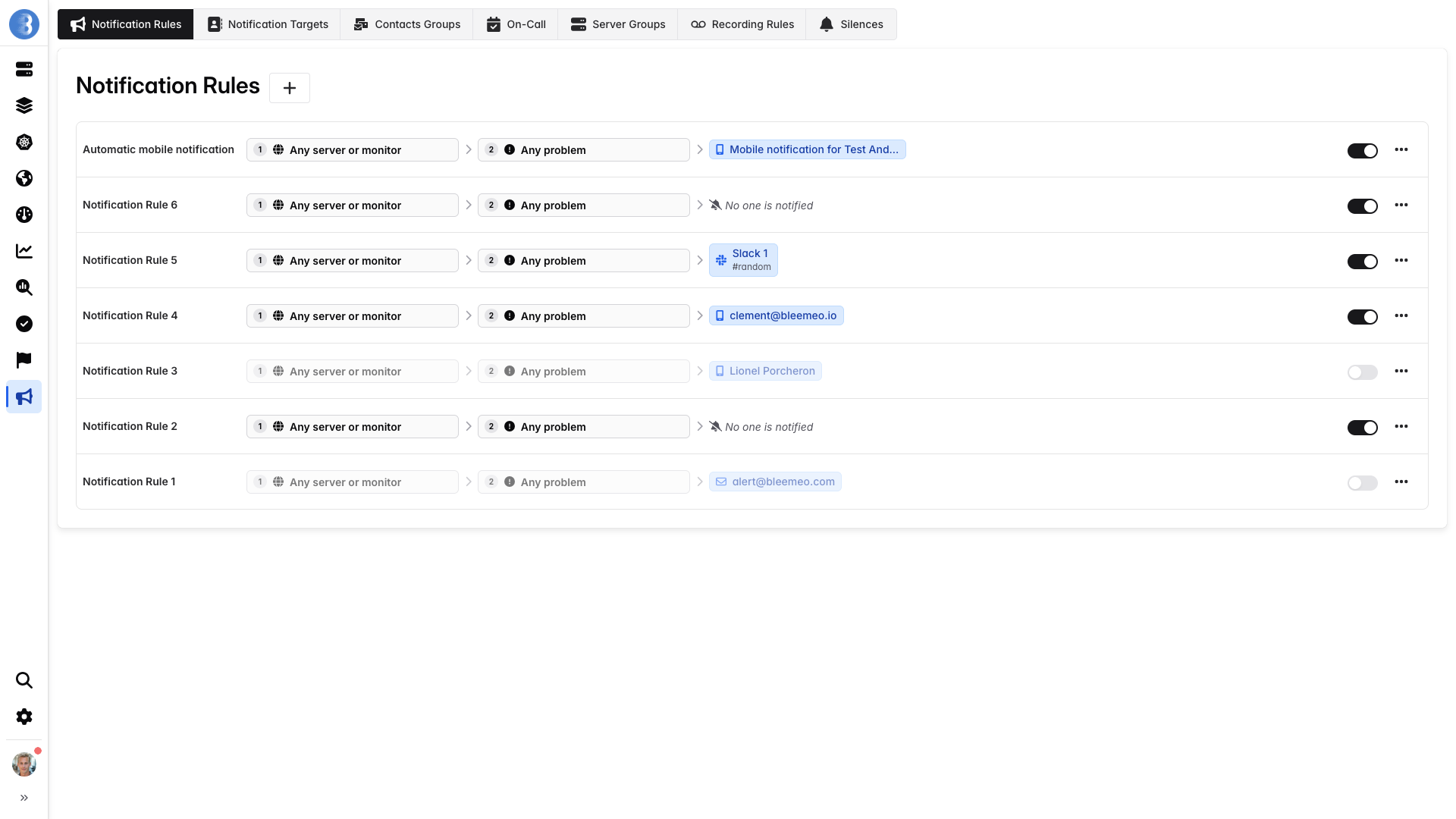 Notification rules list in Bleemeo, each rule mapping a scope and a problem to its notification targets (mobile, Slack, email)