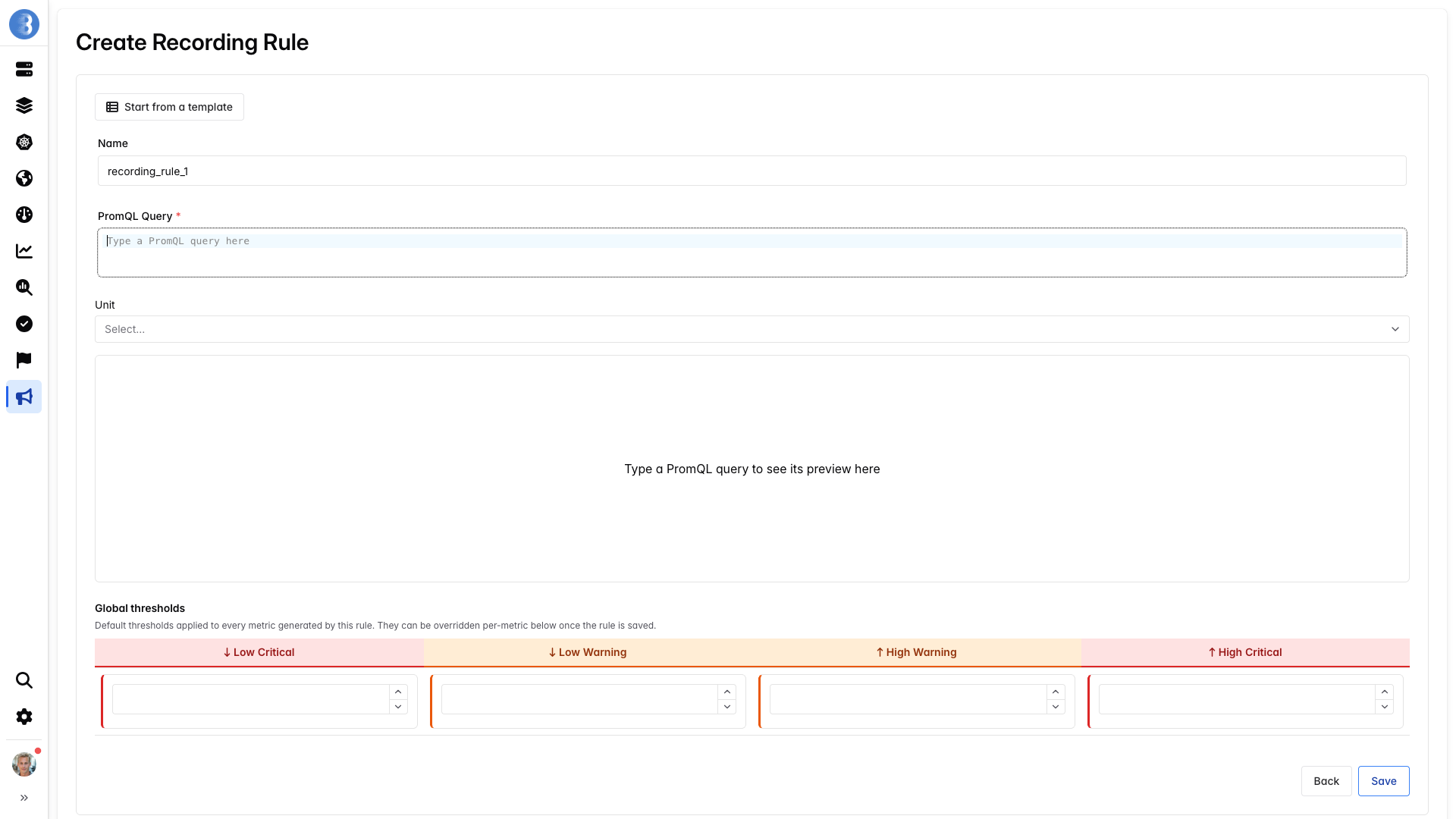Create Recording Rule form with empty PromQL query, thresholds, and name