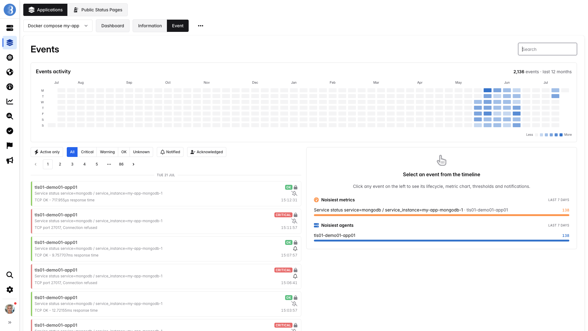 Bleemeo application events page with the events activity heatmap and the chronological event list