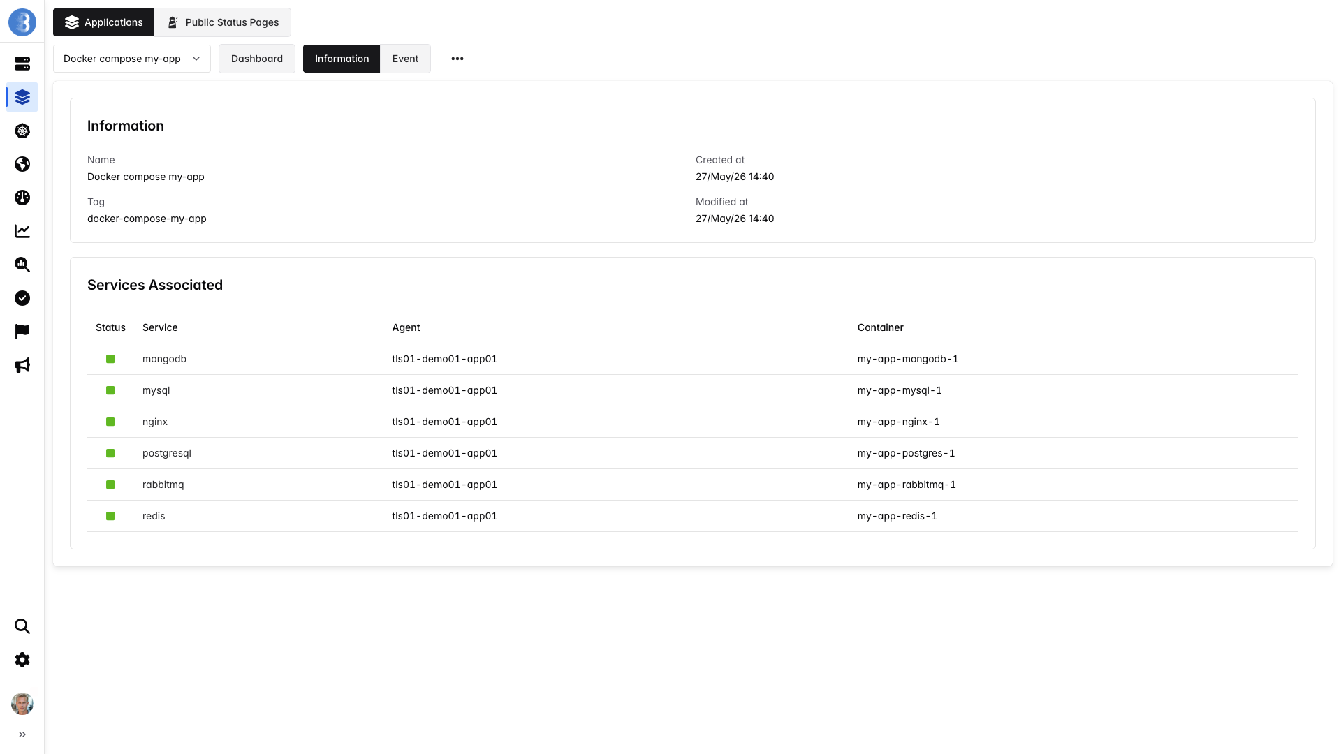 Bleemeo application information page listing the application name, tag and the associated services with their agent and container