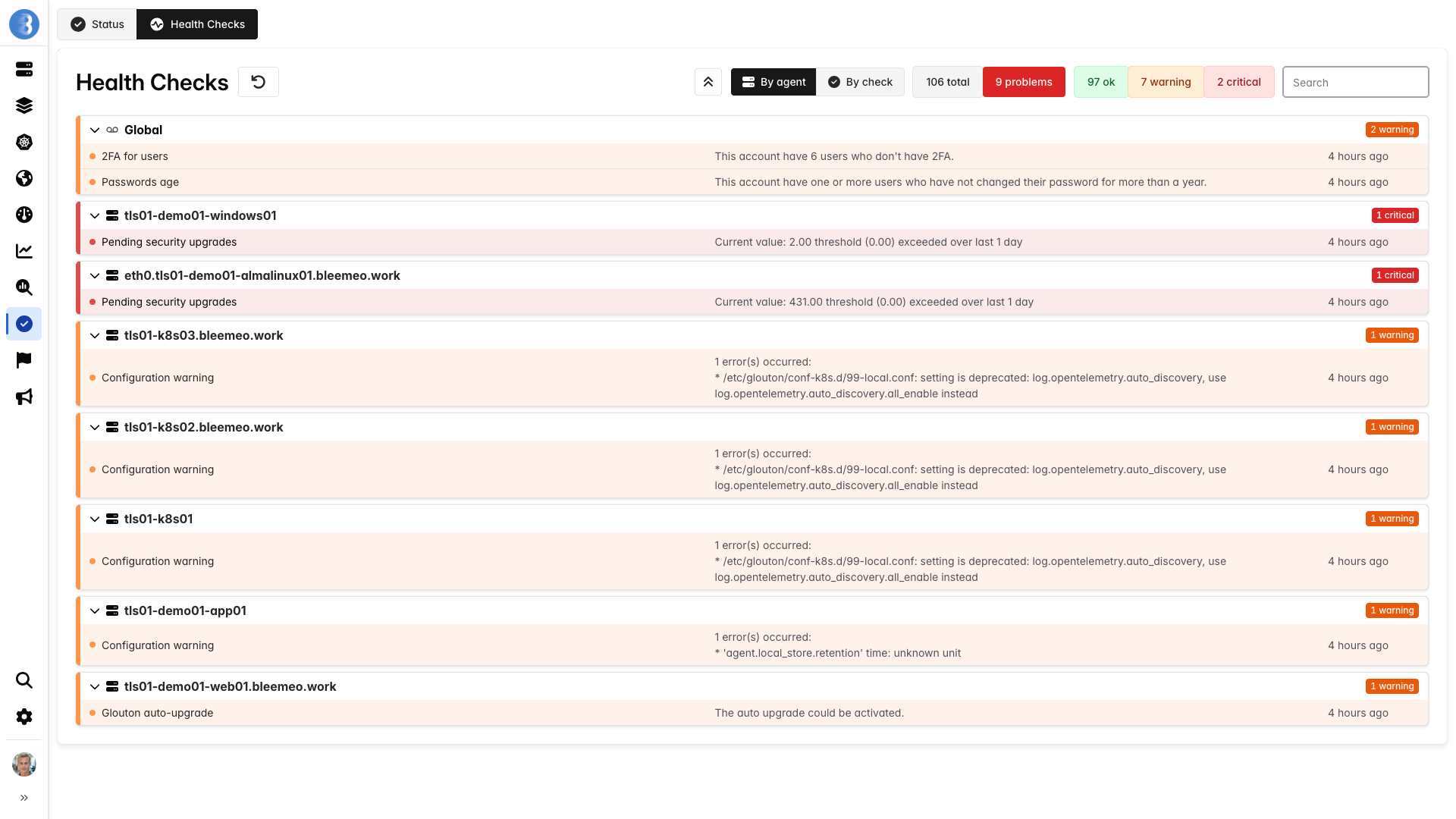 Health checks dashboard in Bleemeo listing global, agent and system checks grouped by agent with warning and critical problems