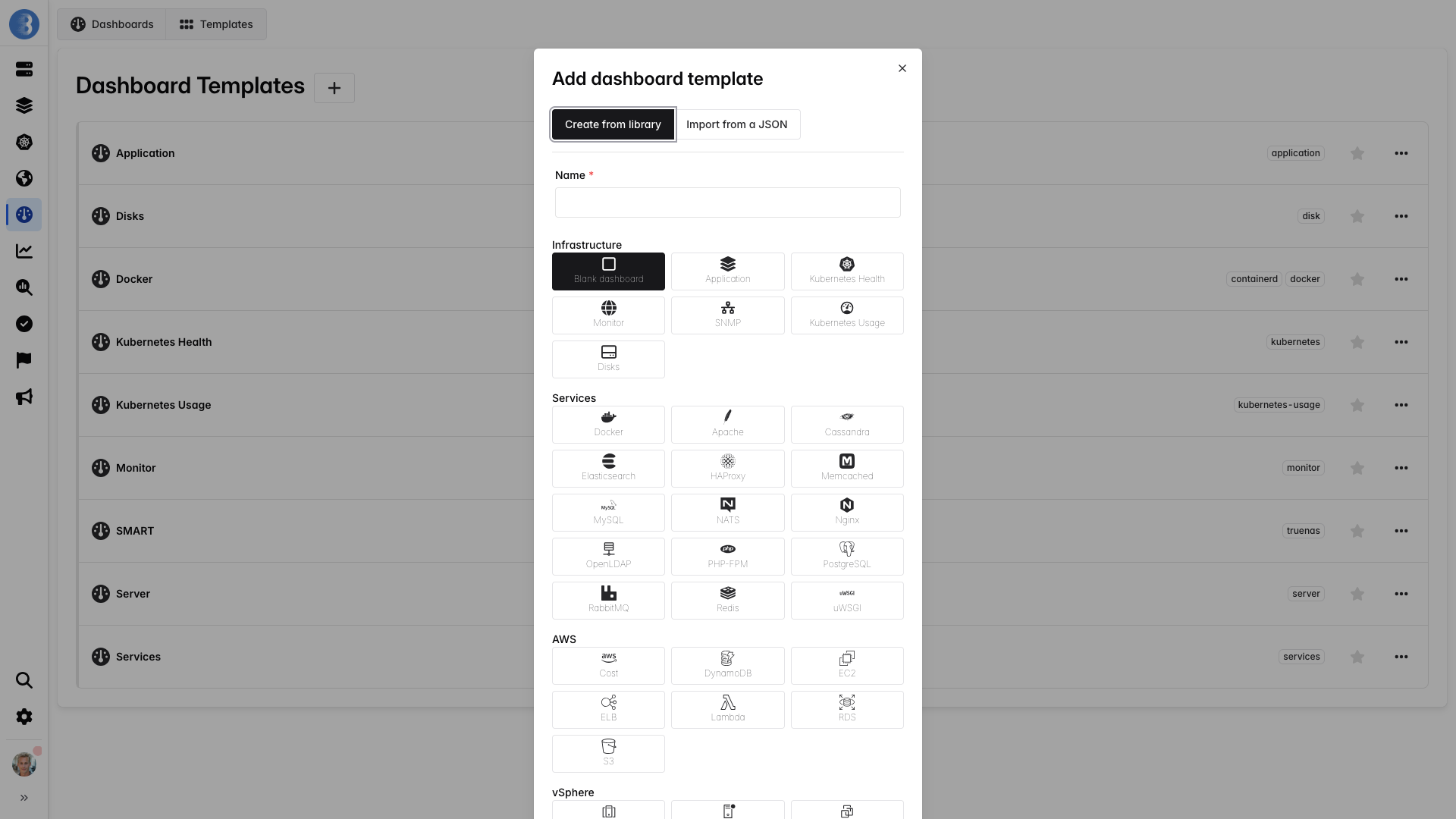 Creating a dashboard template in Bleemeo by choosing a template layout from the library