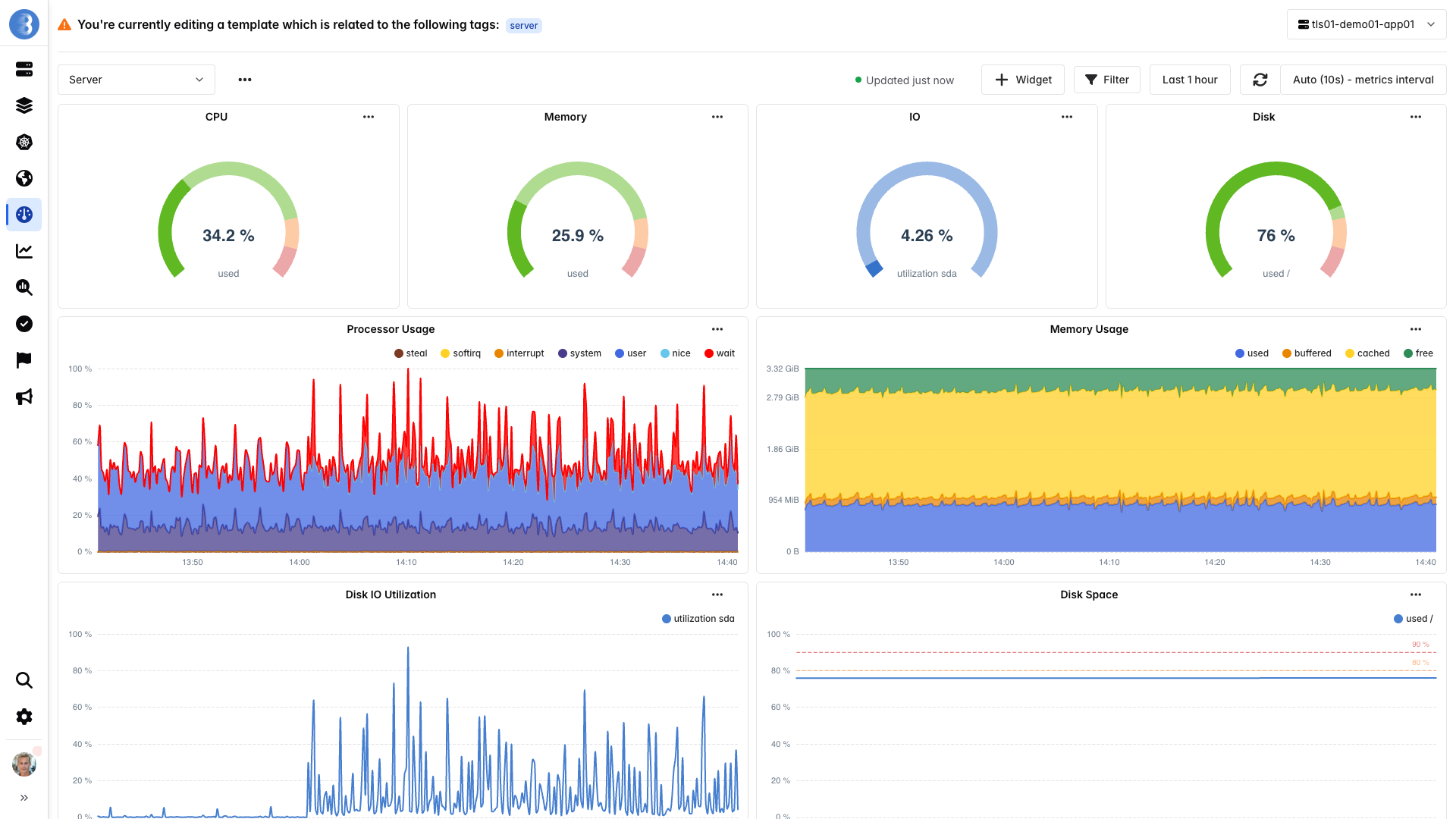 Editing the server dashboard template in Bleemeo with its gauges and charts