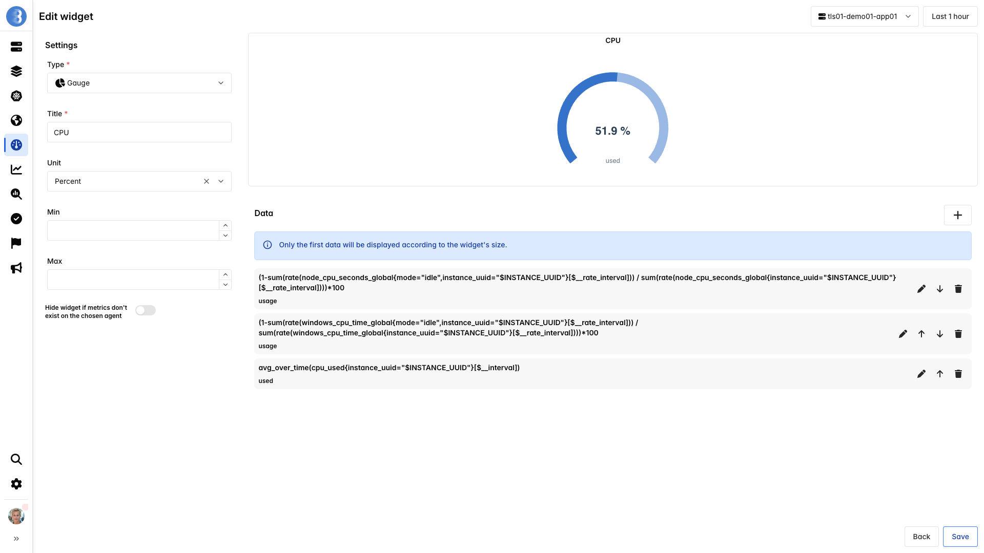 Editing a widget in Bleemeo showing one PromQL query per OS in the data list