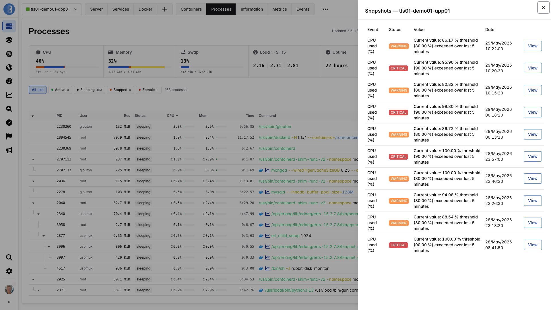 Snapshots panel in Bleemeo listing the process-list captures taken on CPU alerts, with the event, warning or critical status, recorded value and date