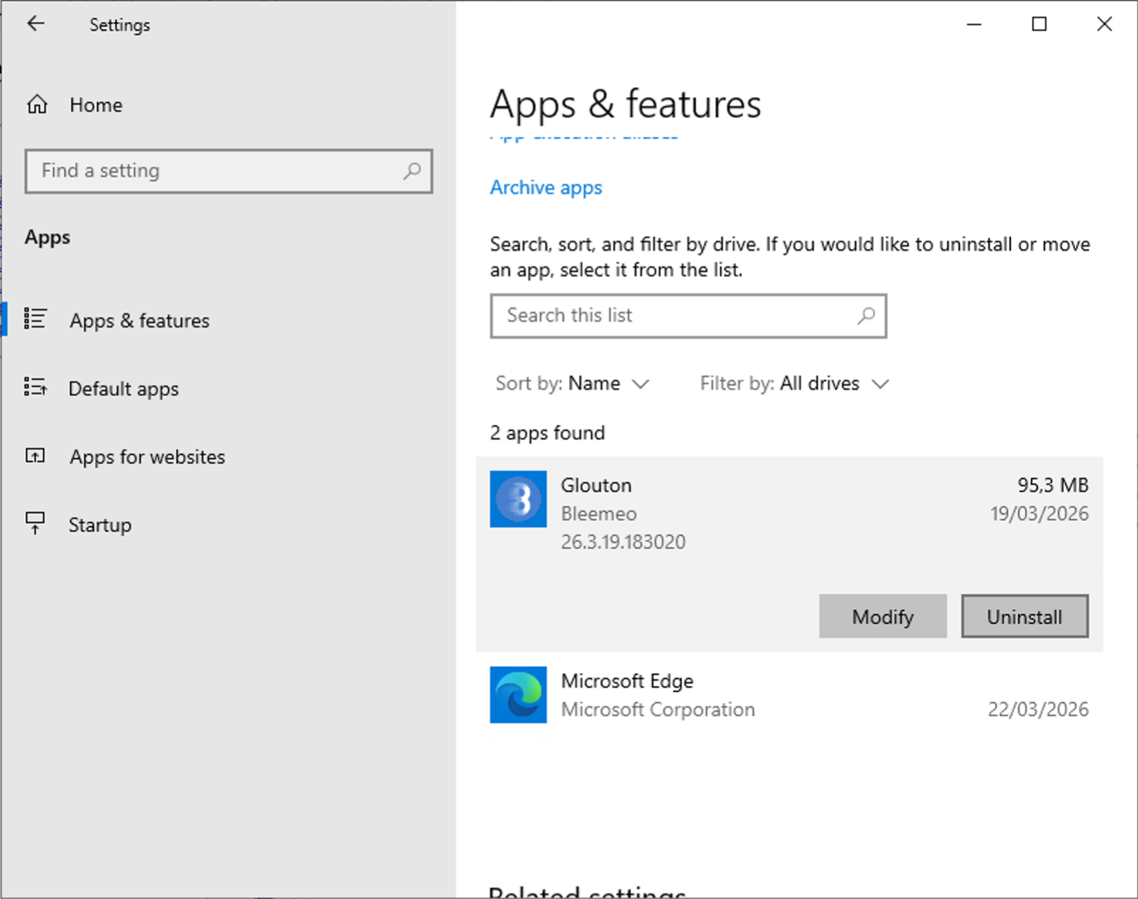 Uninstalling Glouton from Windows Apps & features
