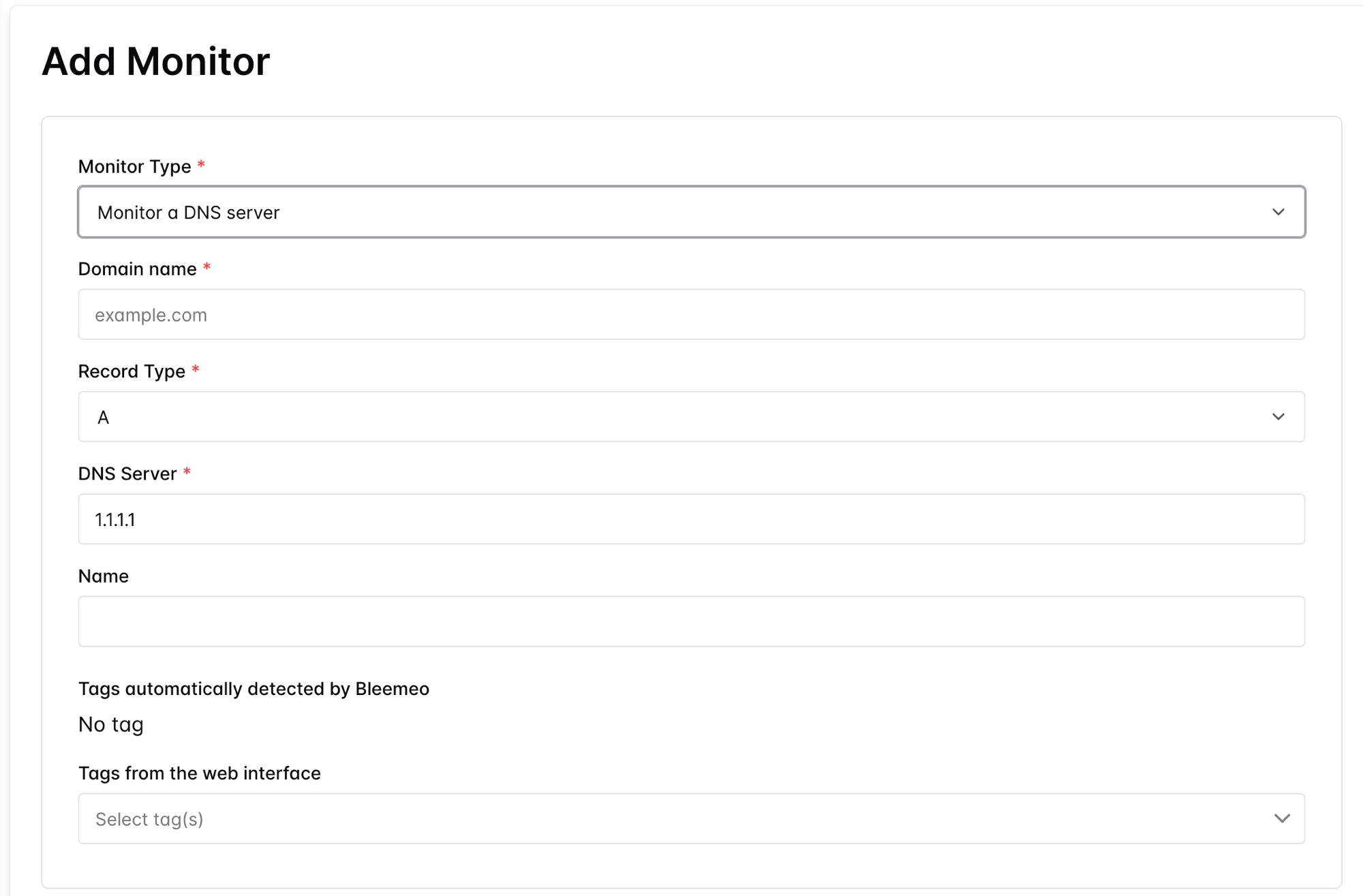 Adding a DNS monitor in Bleemeo with the domain name, record type and DNS server fields